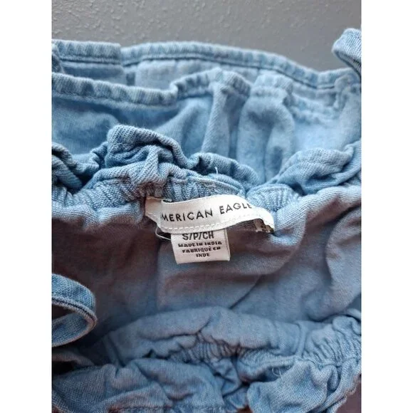 American Eagle Ruffle Denim Crop Top Womens Small Blue Stretch Summer - Picture 3 of 7